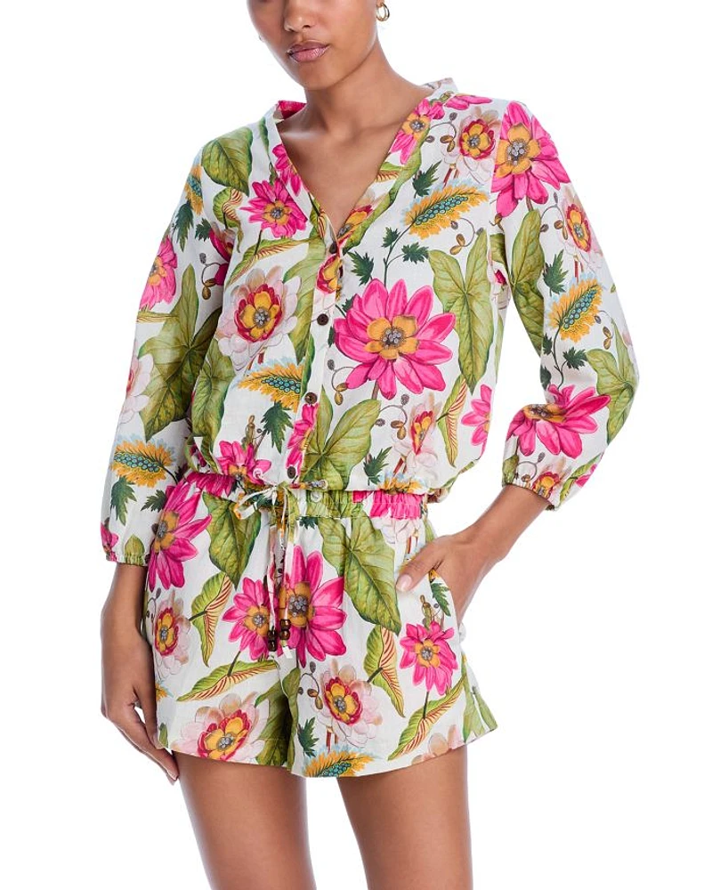 Tropical Floral Blouson Shirt Swim Cover-Up