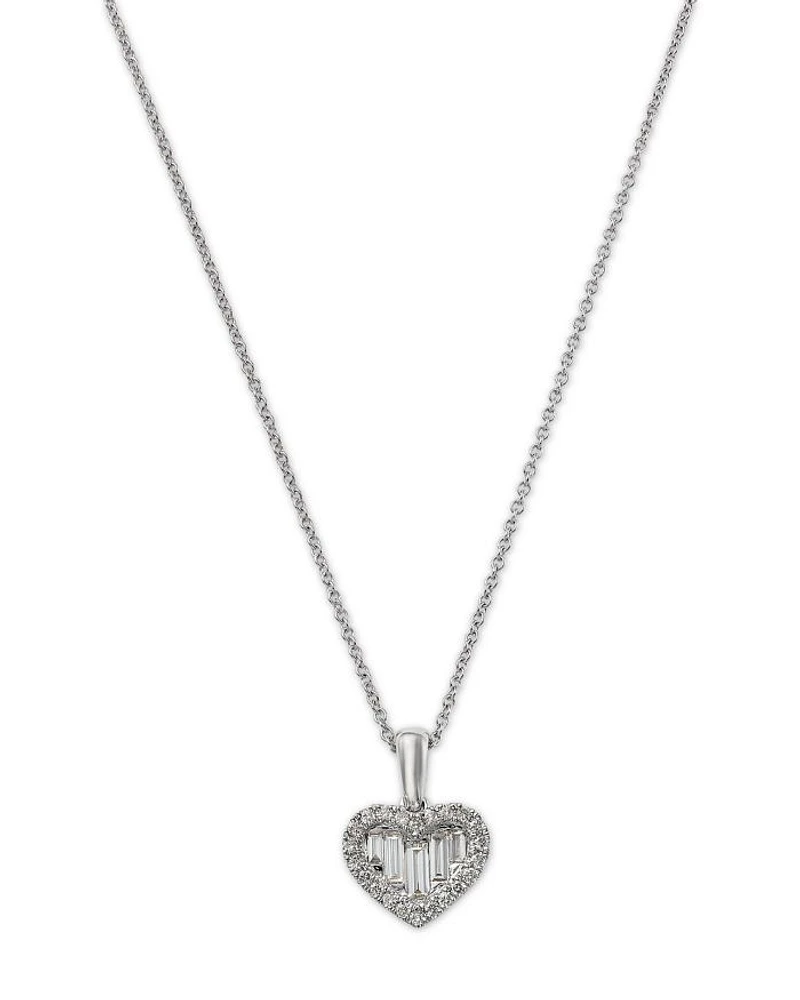 Diamond Baguette & Round Cut Heart Halo Pendant Necklace in 14K White Gold, 0.33 tcw