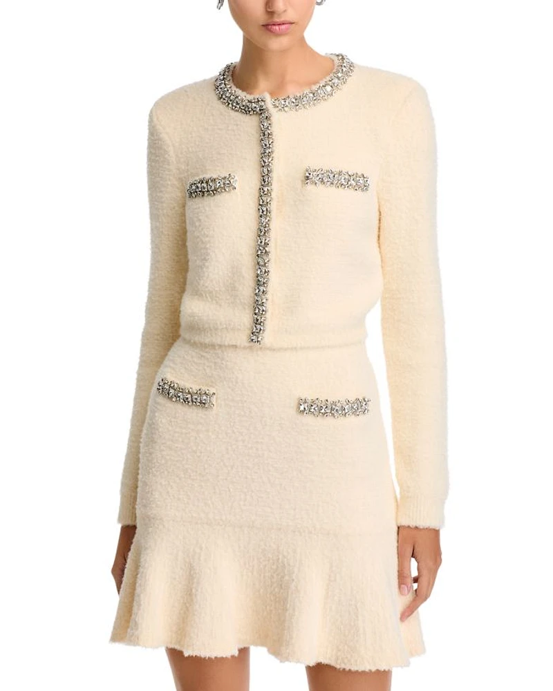 Cream Rhinestone Trim Knit Cardigan