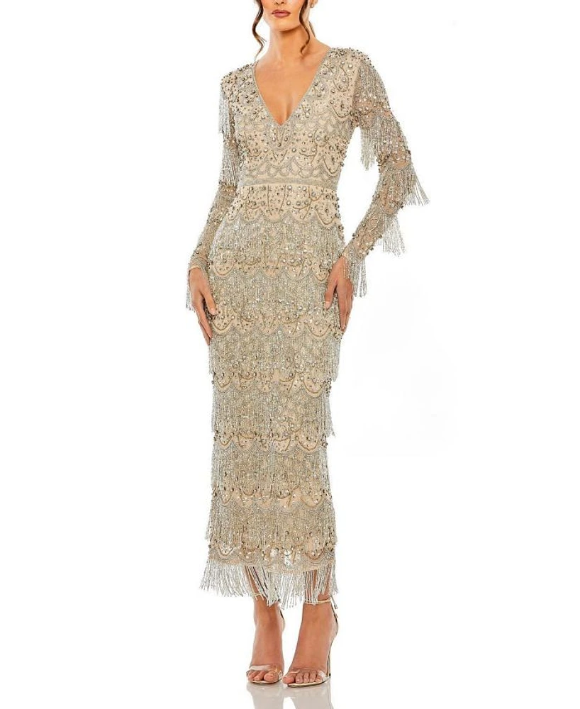 V Neck Beaded Fringe Embellished Dress