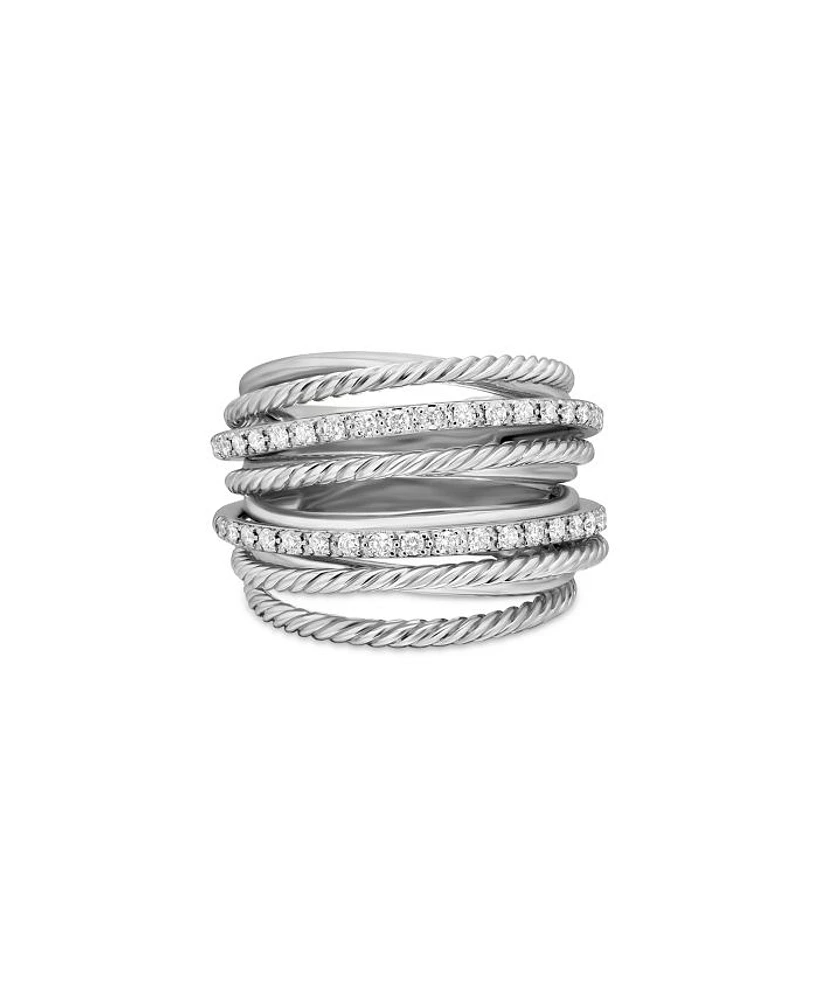 Sterling Silver Crossover Wide Ring with Diamonds