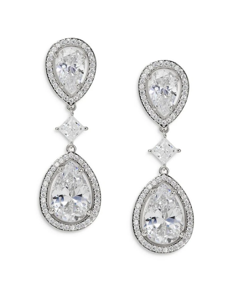 Radiant Cubic Zirconia Halo Double Drop Earrings in Rhodium Plated