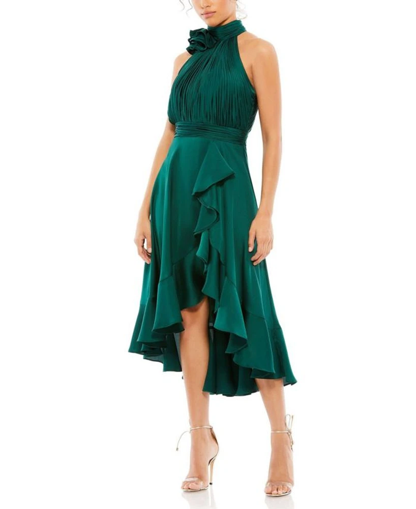Halter Neck Flower Detail Ruffled Midi Dress