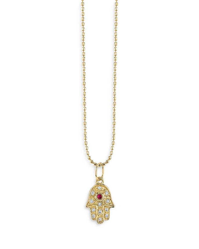 14K Yellow Gold Diamond & Ruby Baby Hamsa Hand Pendant Necklace, 18"