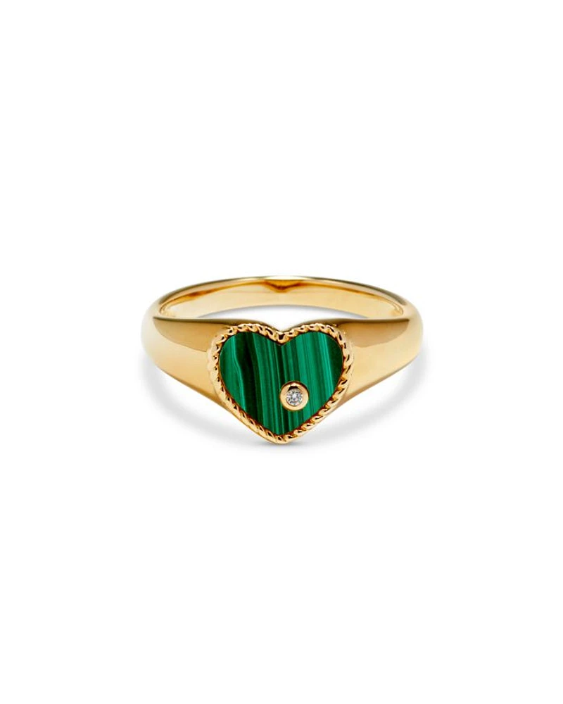 9K Yellow Gold Diamond & Malachite Heart Signet Ring