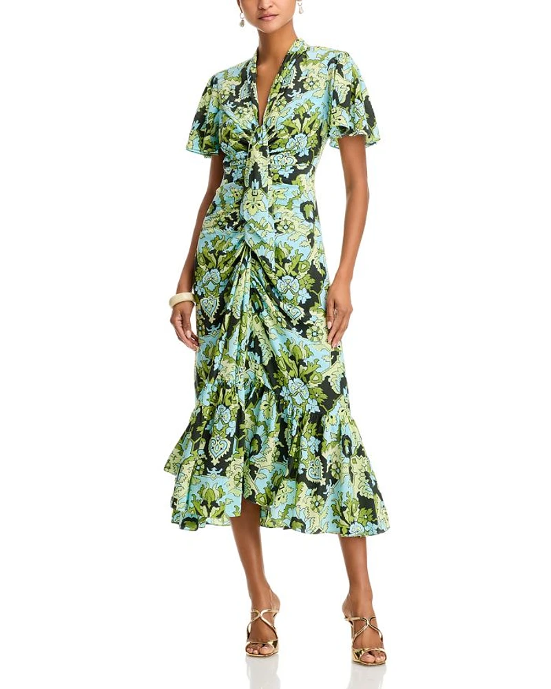 Damask Floral Tie Neck Ruched Midi Dress