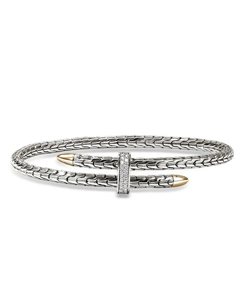14K Yellow Gold & Sterling Silver Spear Diamond Flex Bypass Cuff Bracelet