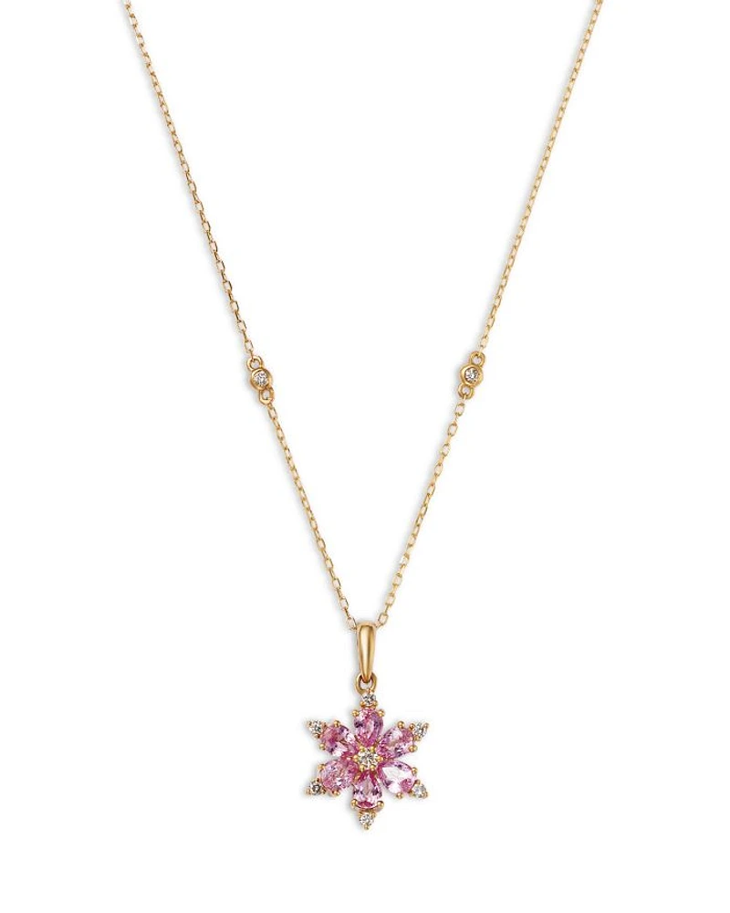 Pink Sapphire & Diamond Flower Pendant Necklace in 14K Yellow Gold, 18"