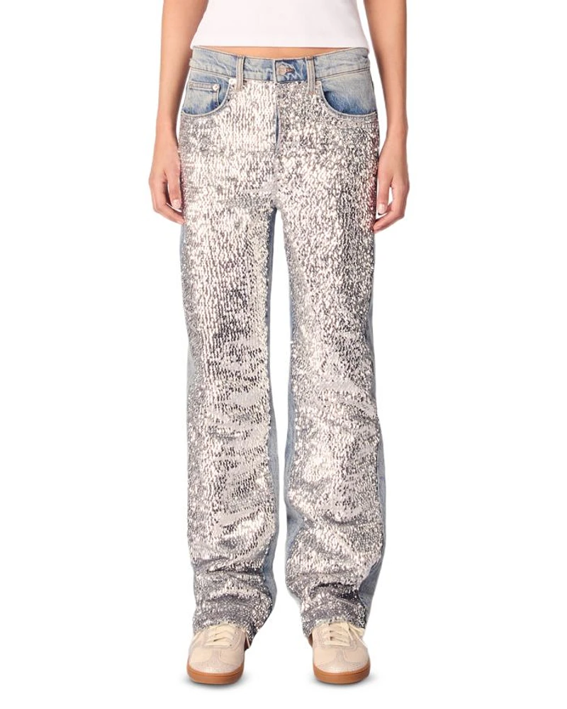 Sequined High Rise Straight Jeans Blue Sky