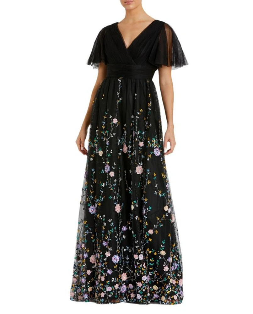 Embellished Illusion Butterfly Sleeve V Neck Gown