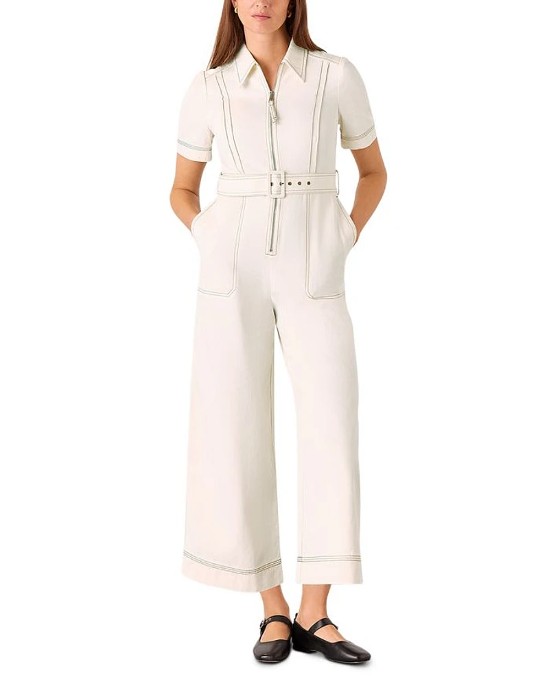 Denim Pintucked Belted Jumpsuit