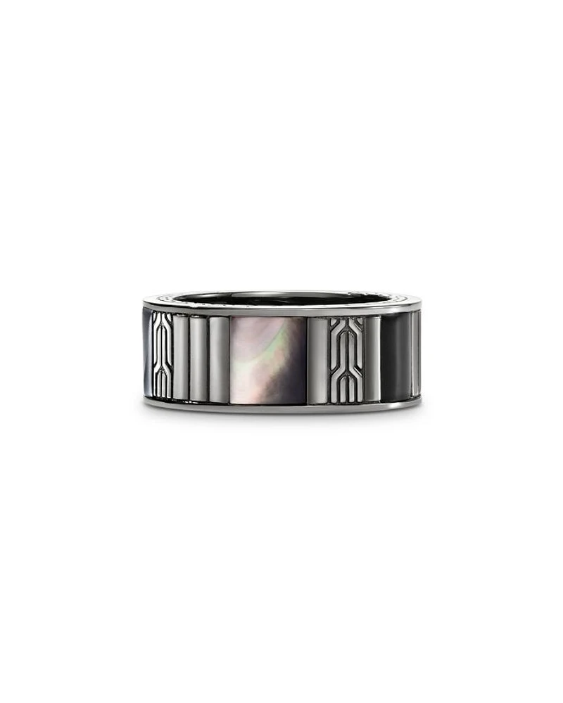 Sterling Silver Black Onyx, Hematite & Black Mother of Pearl Carved Chain Band Ring