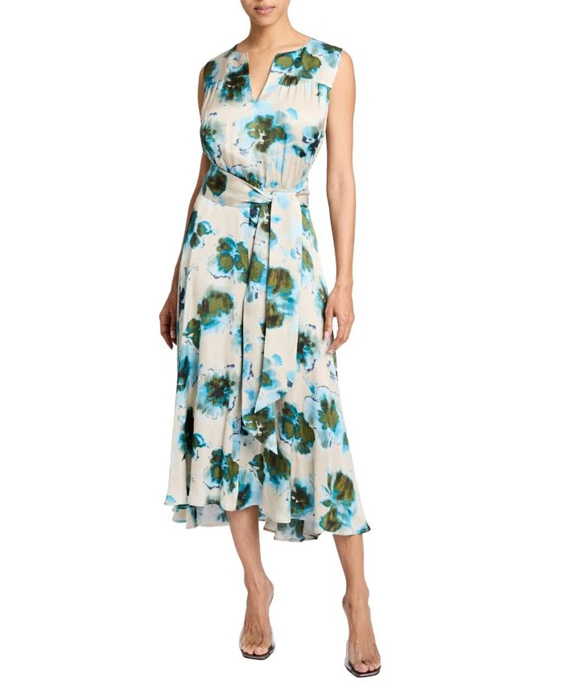 Mira Hi-Lo Hemline Abstract Floral Print Sleeveless Midi Dress