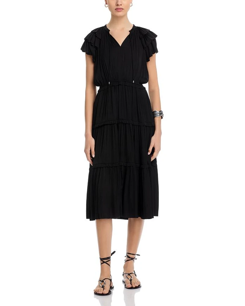 Flutter Sleeve Split Neck Flare Airflow Dress
