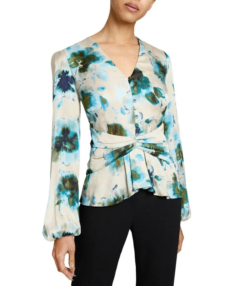 Long Sleeve Blouse with Cinched Waist Abstract Floral Print
