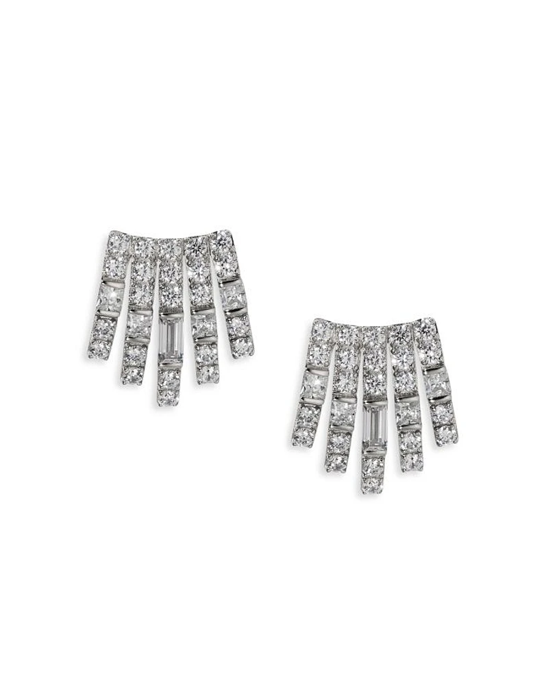 Cubic Zirconia Multi Row Stud Earrings in Rhodium Plated