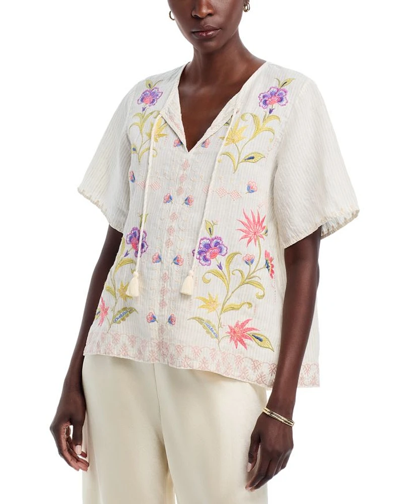 Embroidered Split Neck Top