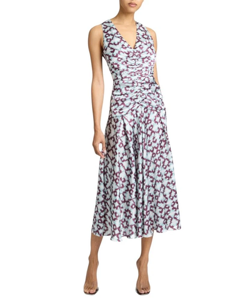 EDEN Sleeveless Fit and Flare Midi Dress with Center Ruching Graphic Printed Charmeuse