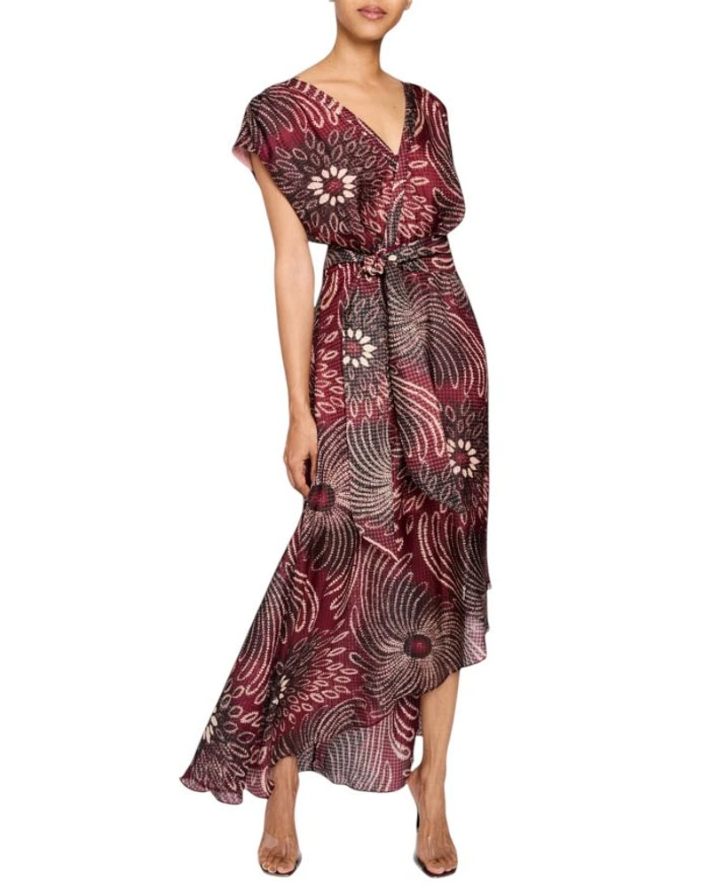 FALLON Cap Sleeve Midi Fit and Flare Dress with Hi-Lo Skirt Silk Modern Gingham Floral Print