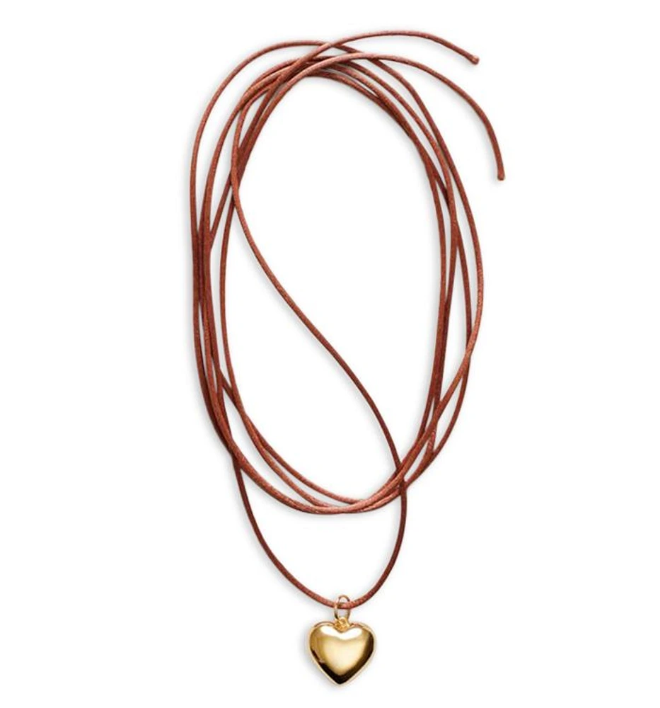 Heart On A String Heart Brown Cord Pendant Necklace in 18K Gold Plated, 78"