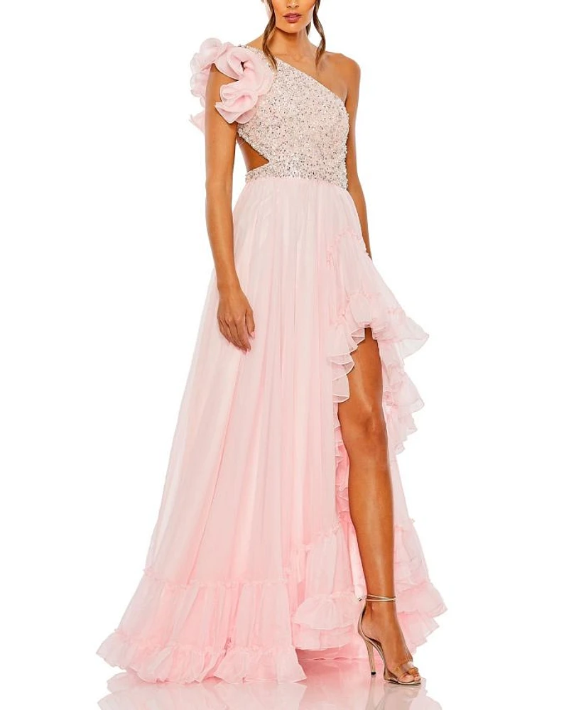 Ruffled One Shoulder Embellished Lace Up Gown