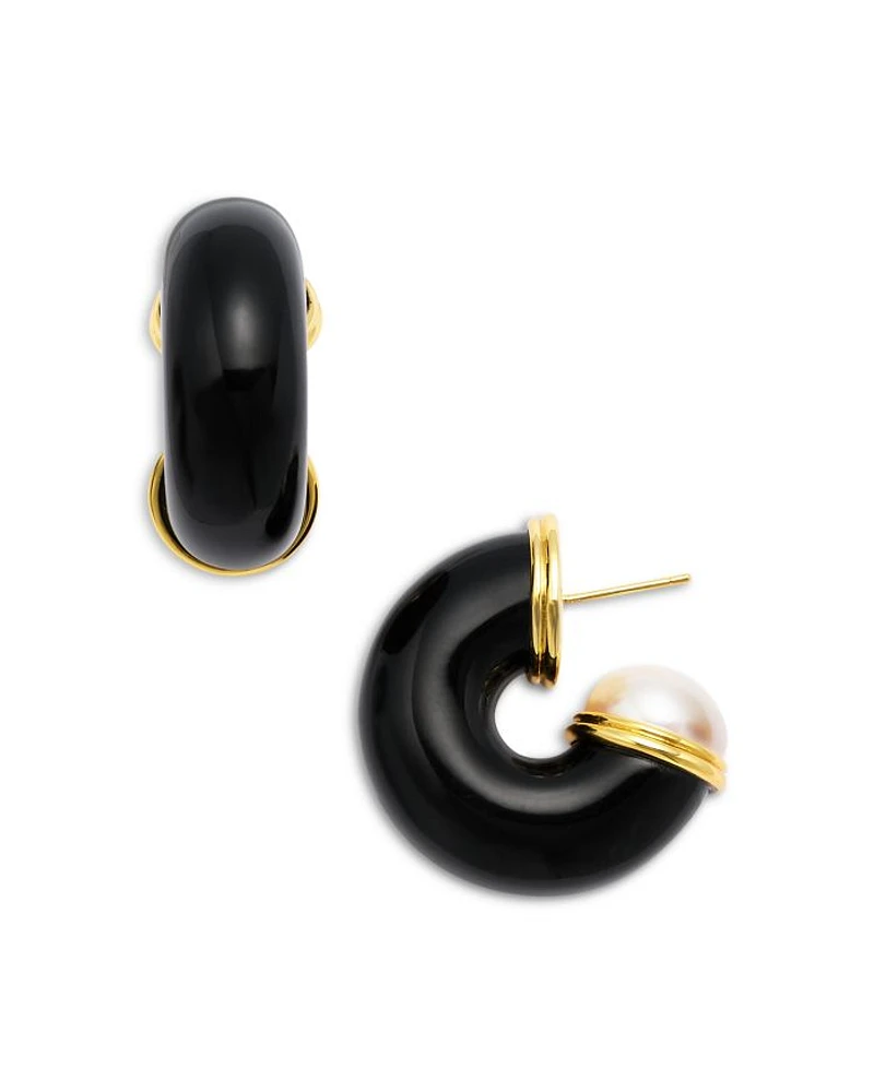 Black & Glass Pearl Hoop Earrings