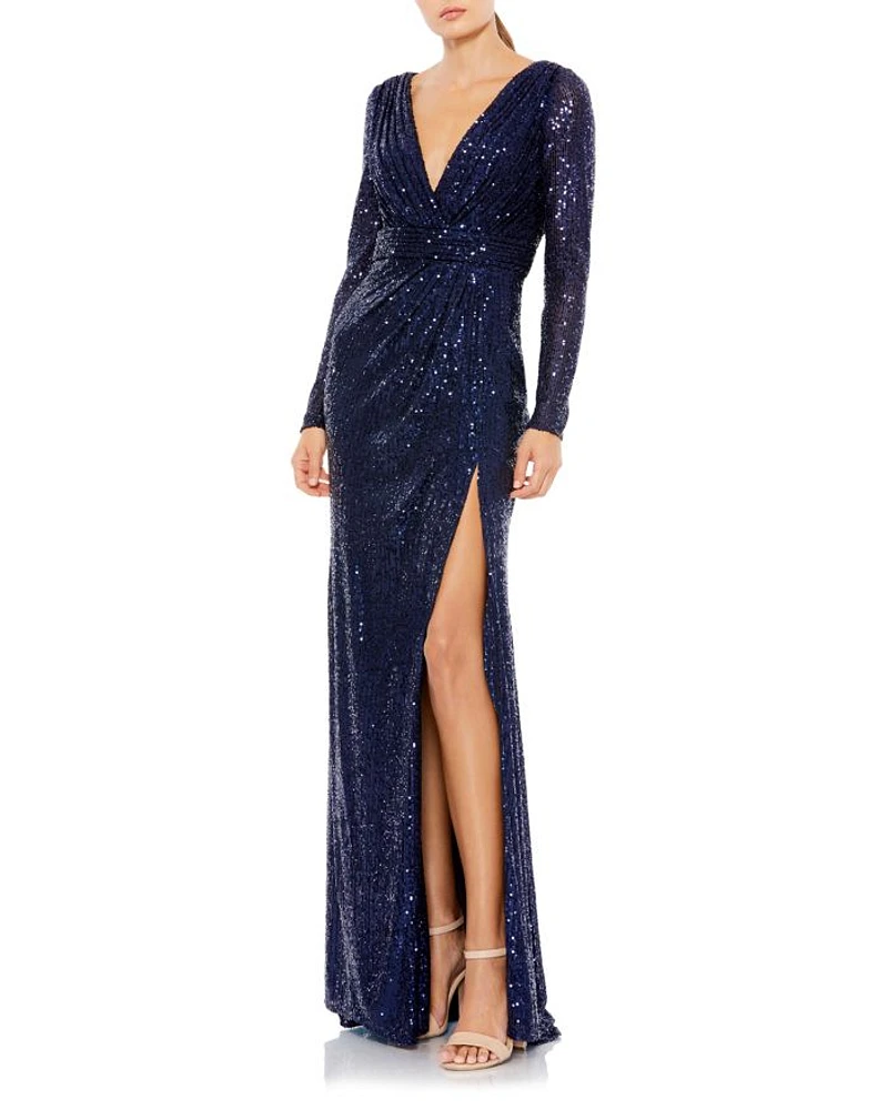 Sequined Long Sleeve Gown