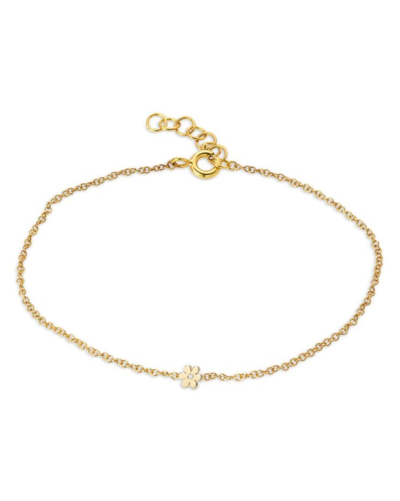 14K Yellow Gold Diamond Flower Chain Link Bracelet