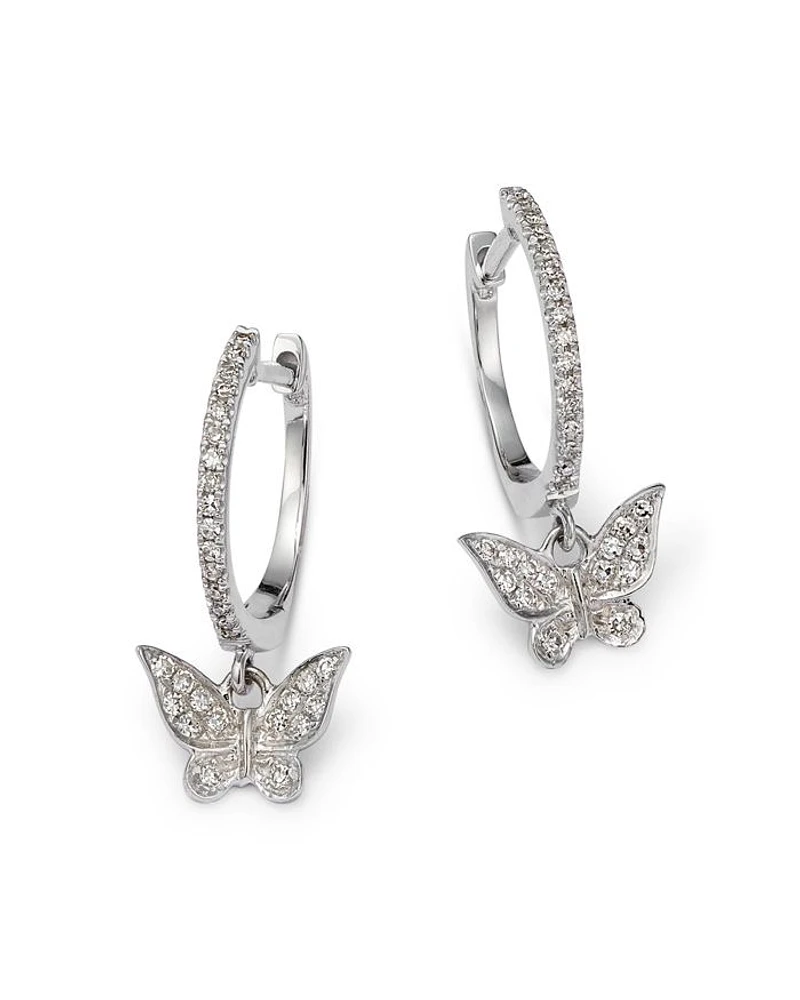 14K White Gold Diamond Butterfly Dangle Hoop Earrings