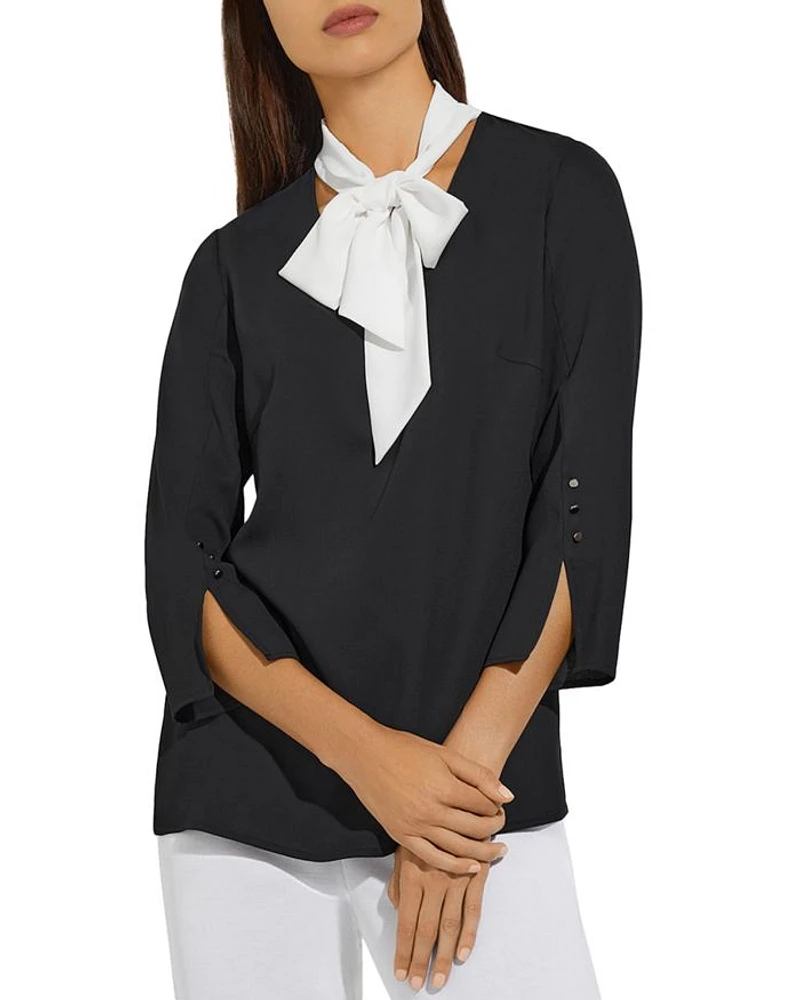 Contrast Tie V-Neck Crepe de Chine Blouse