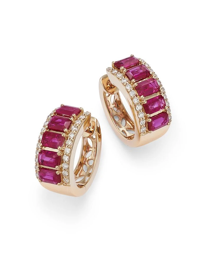 Ruby & Diamond Huggie Hoop Earrings in 14K Yellow Gold