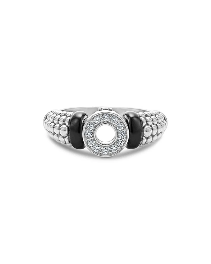 Sterling Silver Black Caviar Ceramic & Diamond Circle Bead Ring
