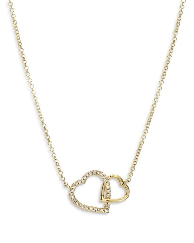 14K Yellow Gold Diamond Double Heart Pendant Necklace, 16-18"