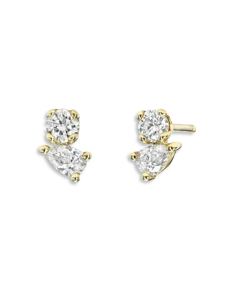14K Yellow Gold Diamond Pear & Round Toi et Moi Stud Earrings