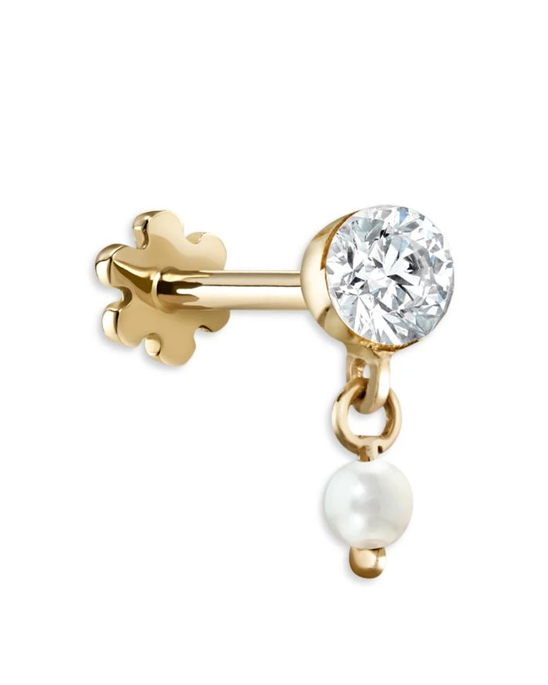 18K Yellow Gold Diamond & Cultured Pearl Dangle Single Stud Earring