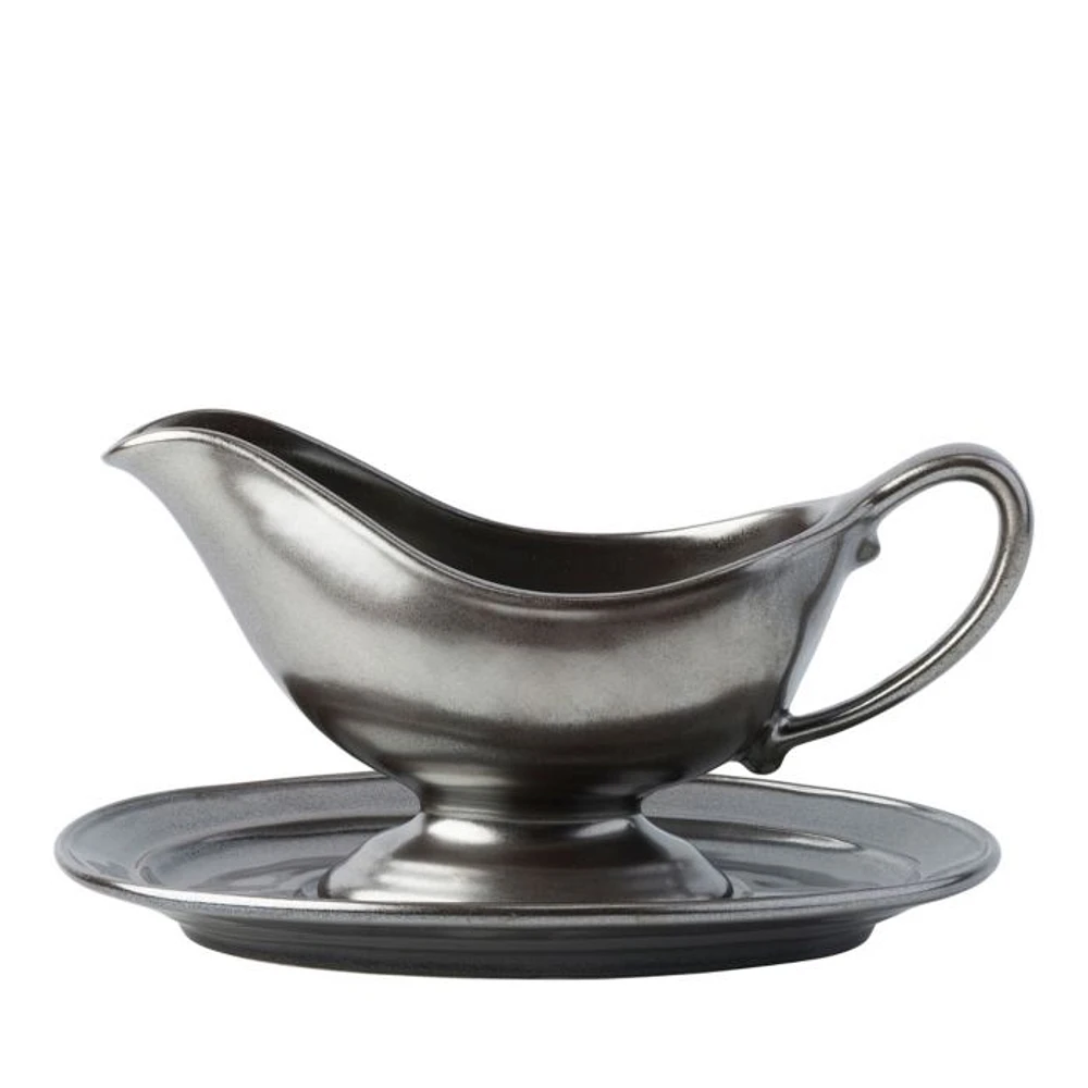 Pewter Stoneware Sauce Boat and Stand