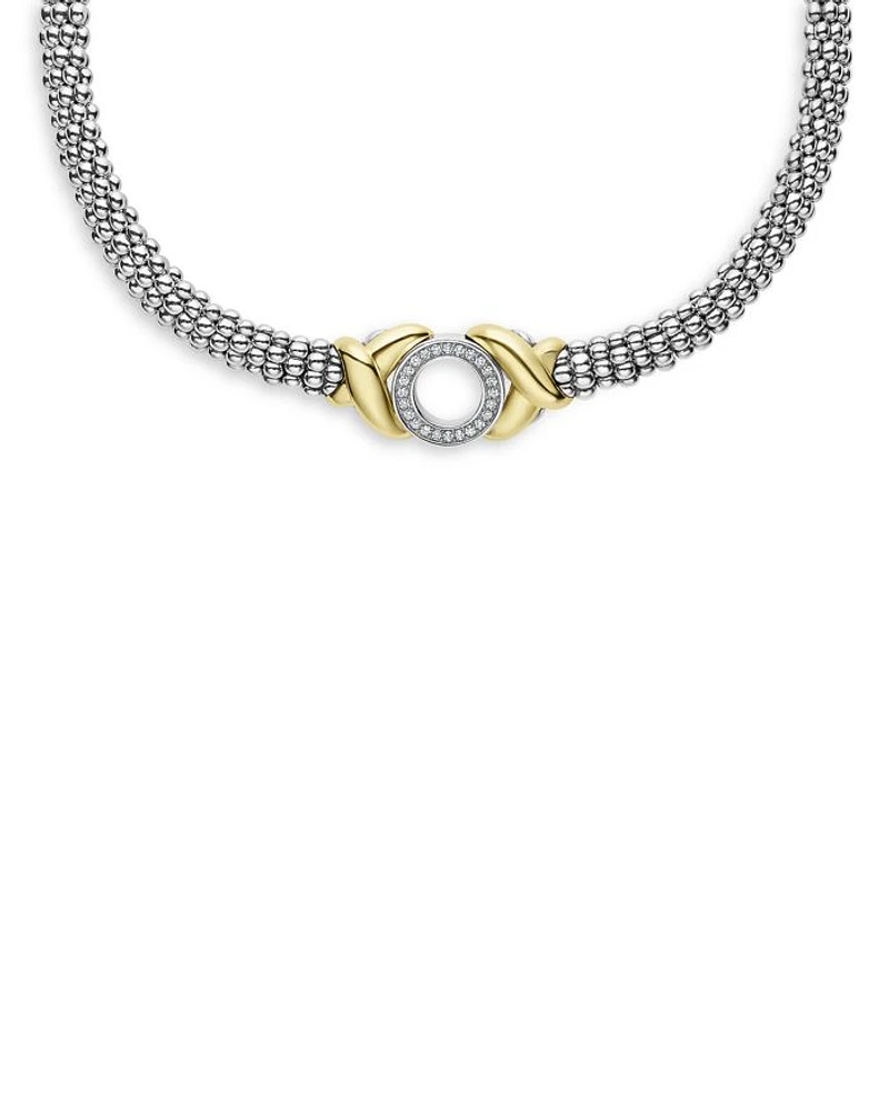 18K Yellow Gold & Sterling Silver Embrace Diamond XO Beaded Collar Necklace, 15"