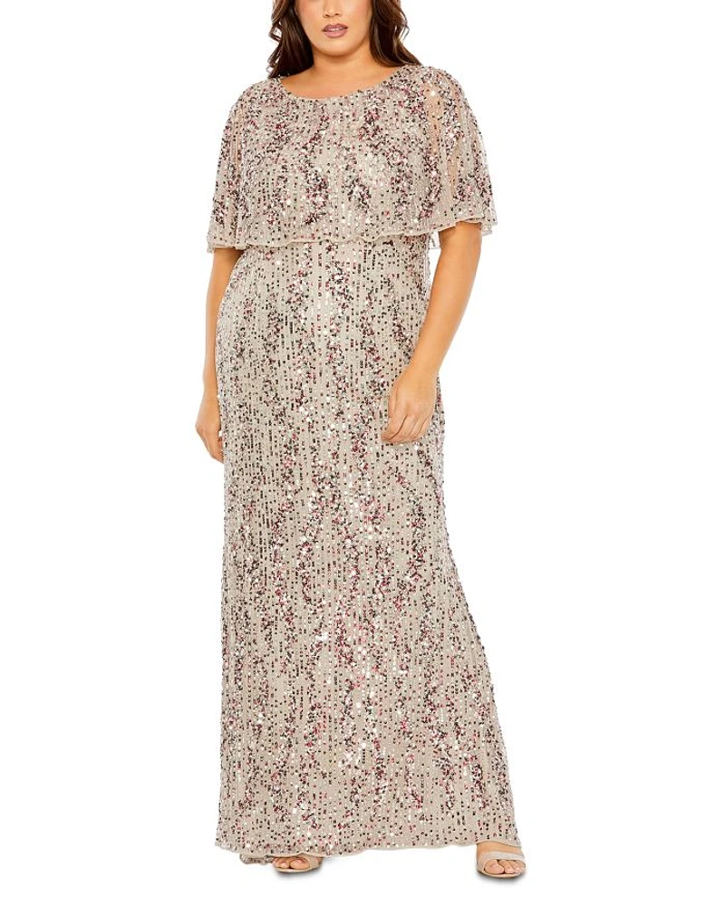 Plus Cape Detail High Neck Column Gown