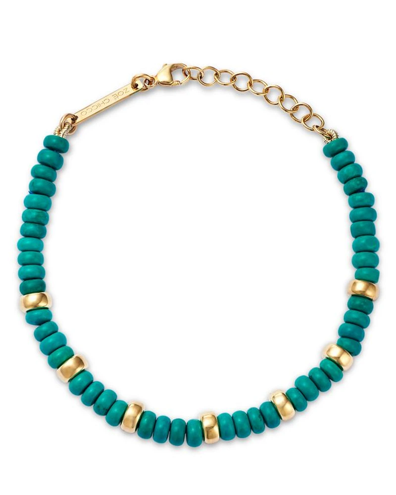 14K Yellow Gold Gemstone Beads Turquoise Rondelle Link Bracelet