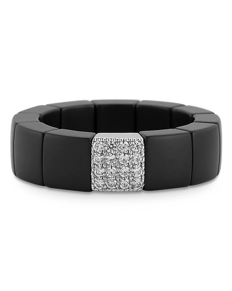 18K White Gold & Matte Black Ceramic Stretch Ring with Diamonds, 0.14 tcw