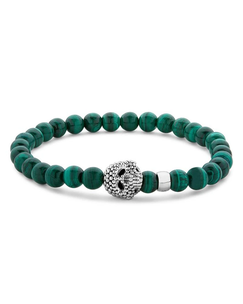 Men's Sterling Silver Anthem Malachite Bead Skull Stretch Bracelet - Exclusive
