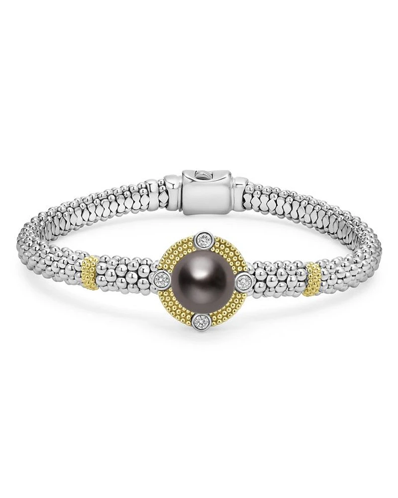 18K Yellow Gold & Sterling Silver Luna Black Tahitian Pearl & Diamond Caviar Bead Bracelet
