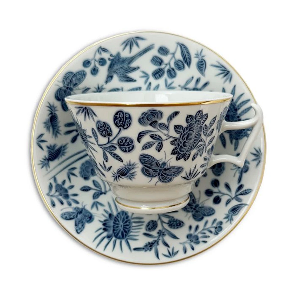 Sacred Bird & Butterfly Blue Teacup and Saucer