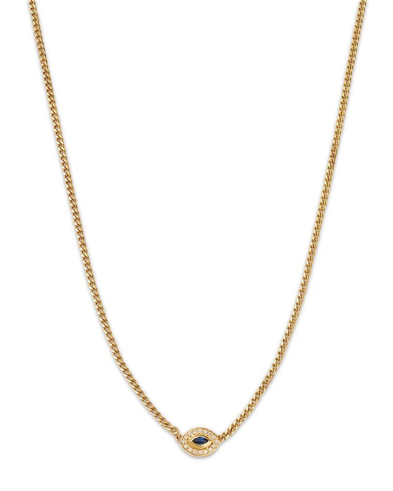 14K Yellow Gold Curb Chain Marquise Blue Sapphire Halo Necklace, 16"