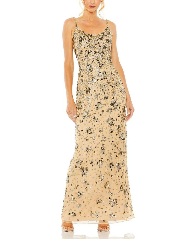 Floral Embellished Scoop Neck Evening Gown
