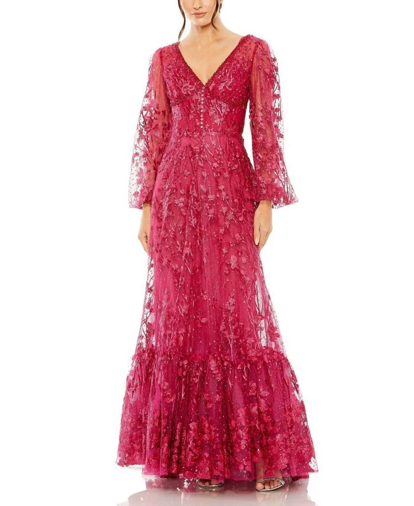 V Neck Puff Sleeve A Line Embroidered Gown
