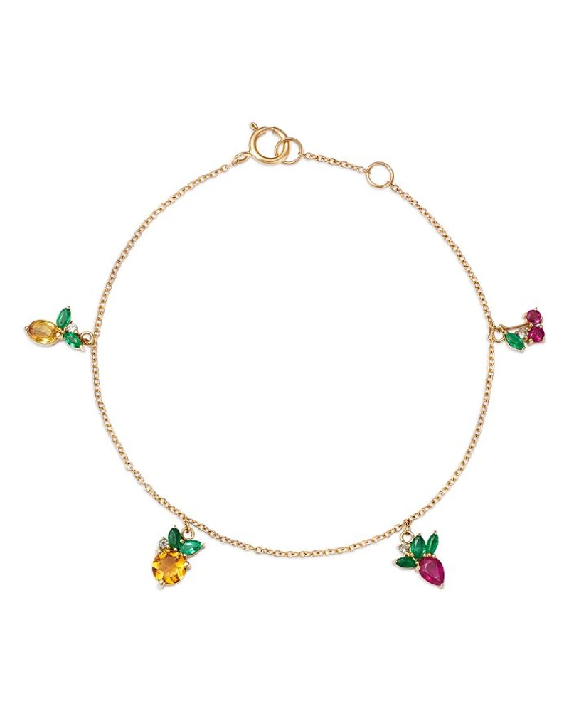14K Yellow Gold Multi Gemstone Fruit Charm Bracelet