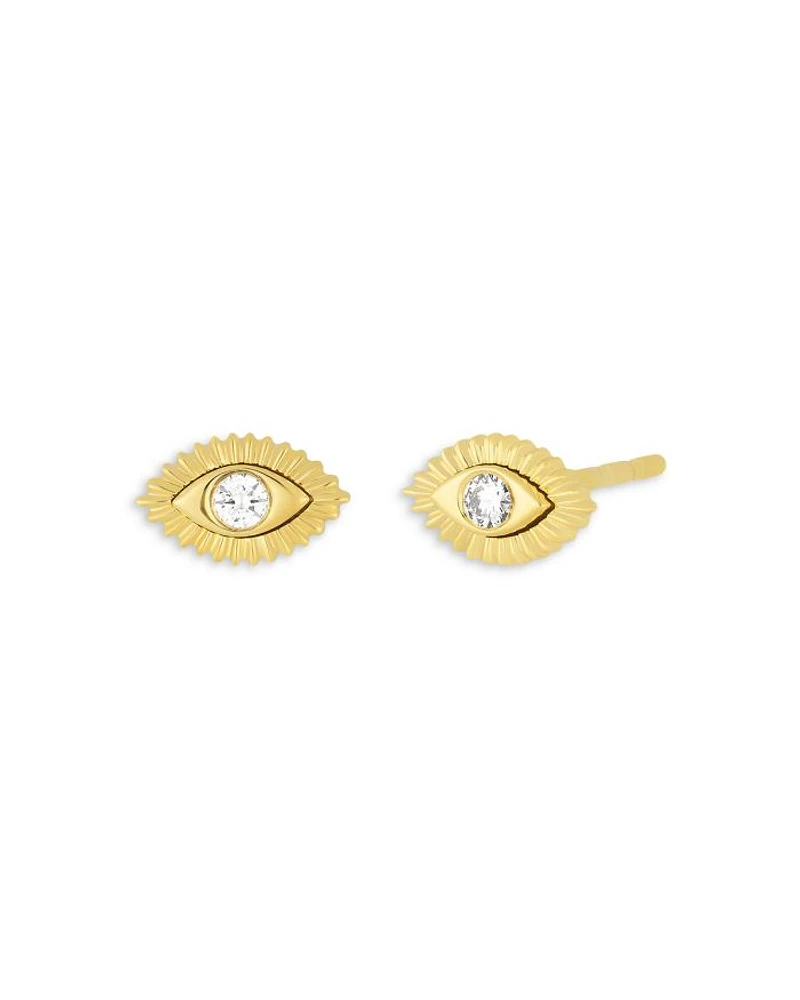 14K Yellow Gold Evil Eye Protection Stud Earrings with Diamonds, 0.07 tcw