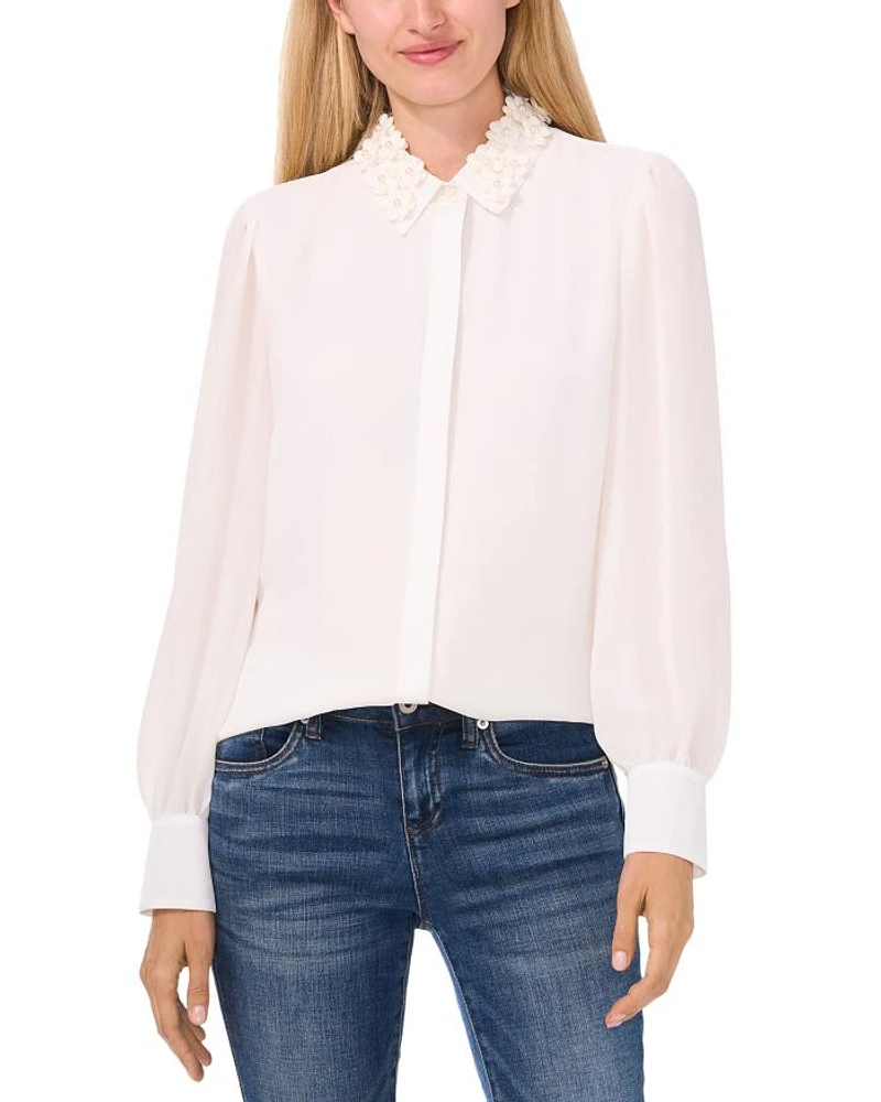 Floral Appliqué Collared Blouse