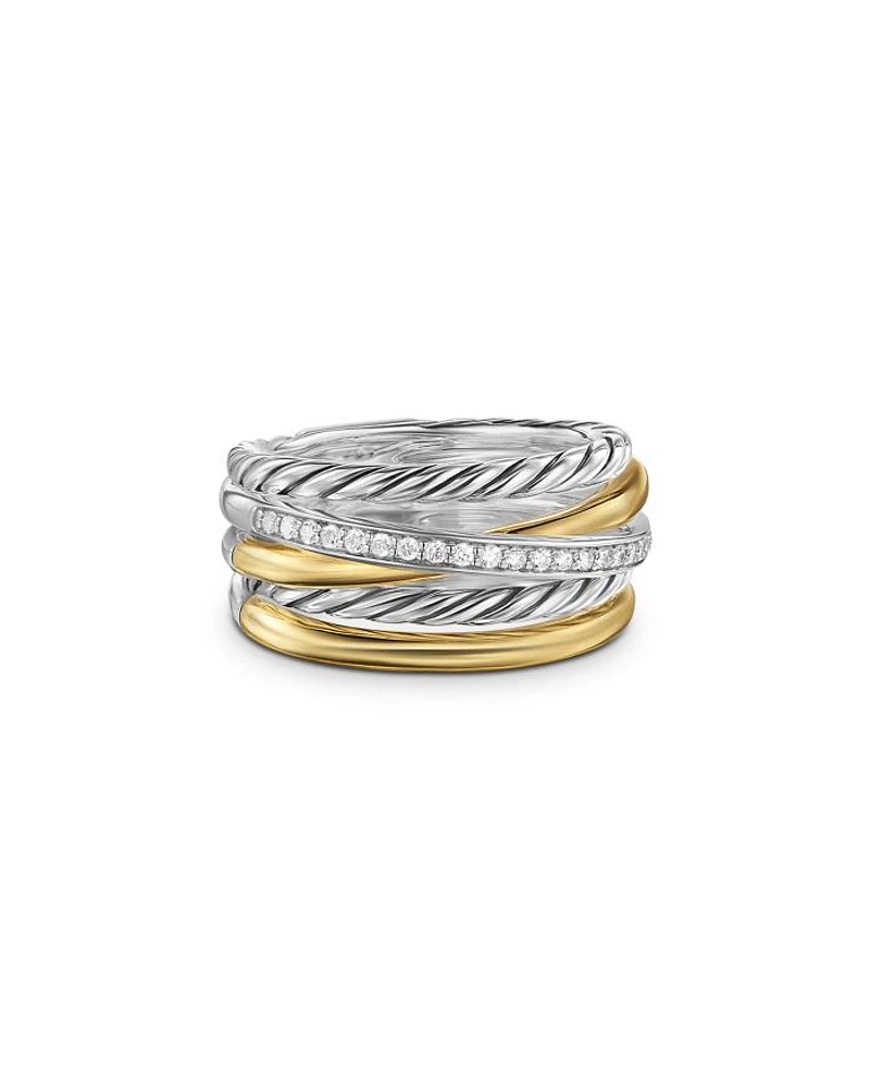 Crossover Five Row Ring Sterling Silver with 18K Yellow Gold and Diamonds, 11mm